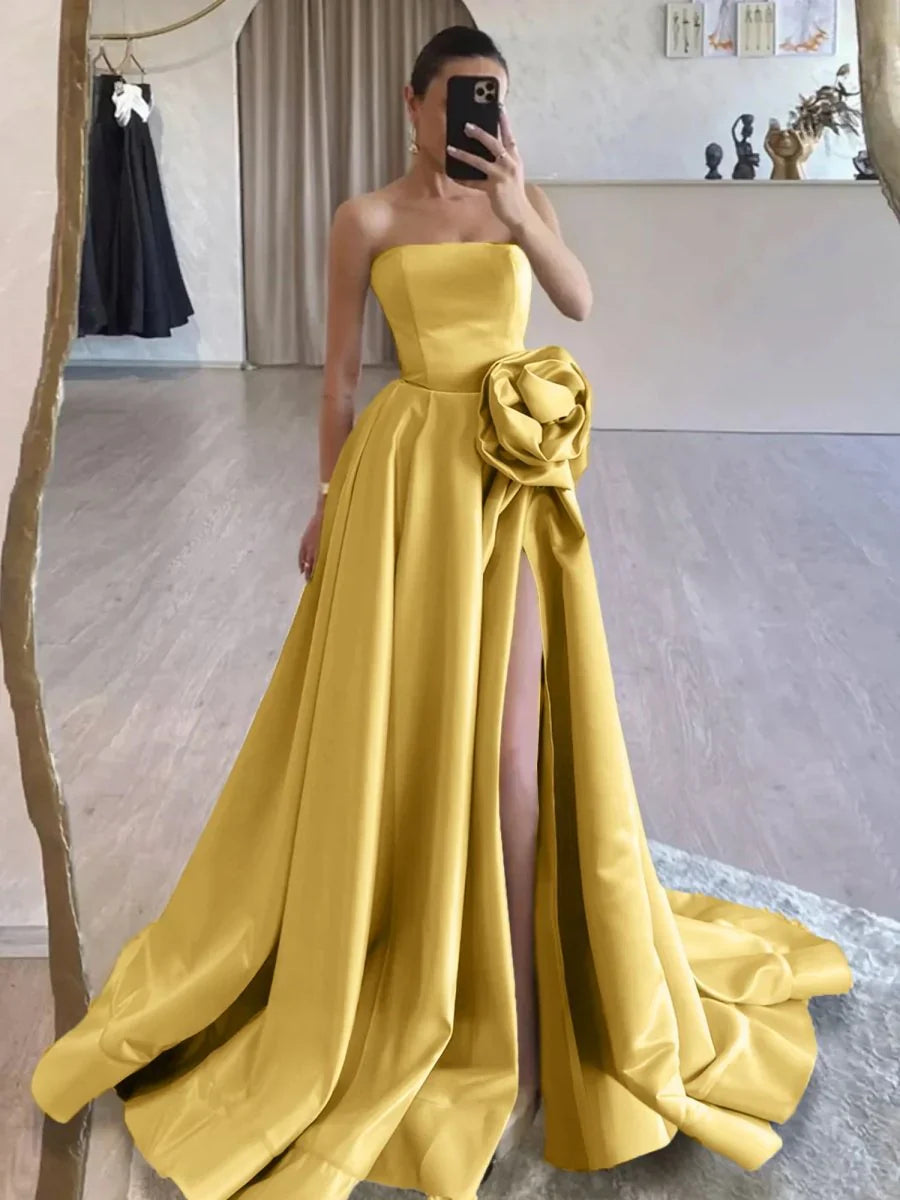 Strapless Satin Long Prom Dress With High Split
