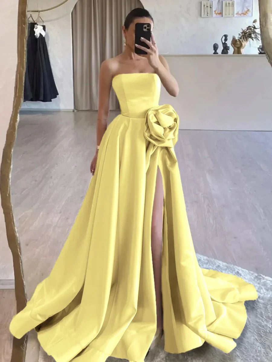 Strapless Satin Long Prom Dress With High Split