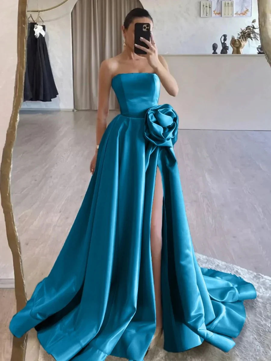 Strapless Satin Long Prom Dress With High Split