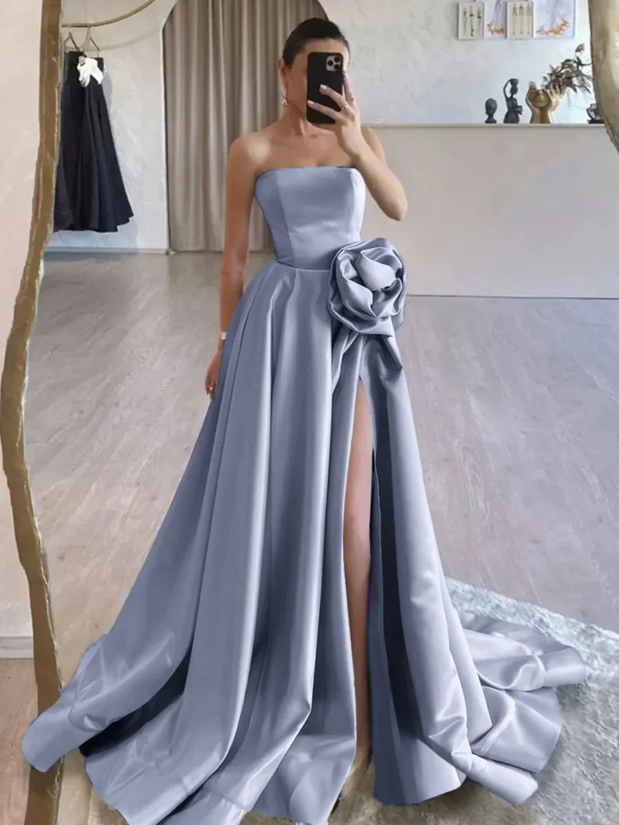 Strapless Satin Long Prom Dress With High Split