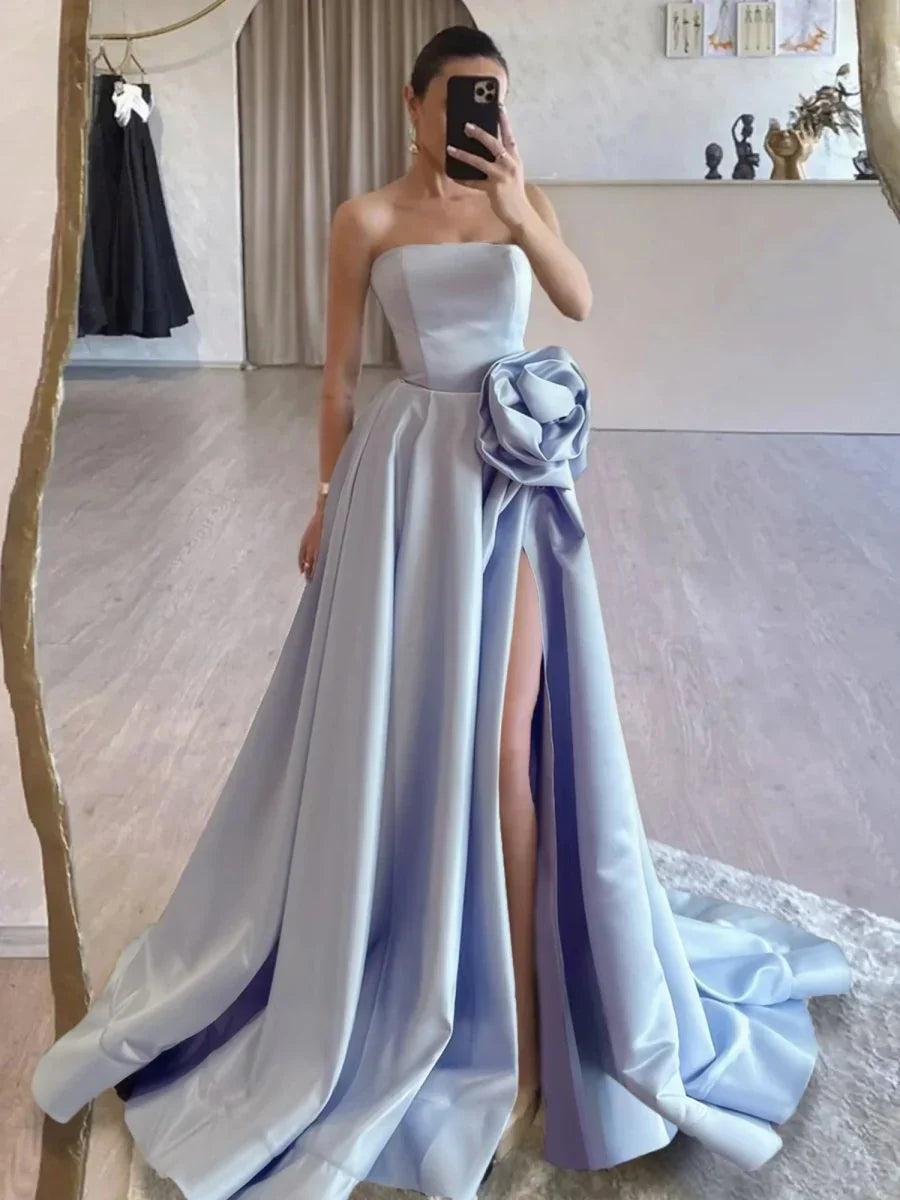 Strapless Satin Long Prom Dress With High Split