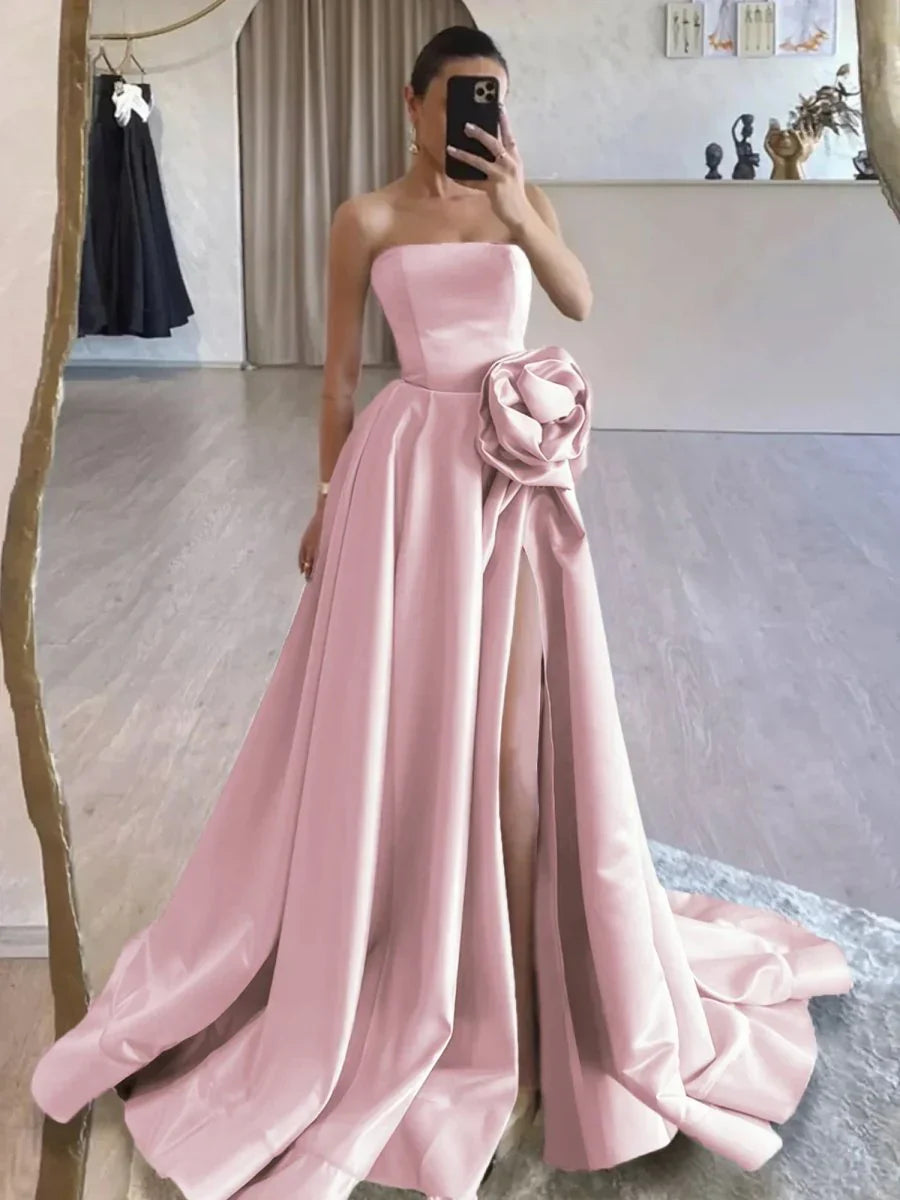 Strapless Satin Long Prom Dress With High Split