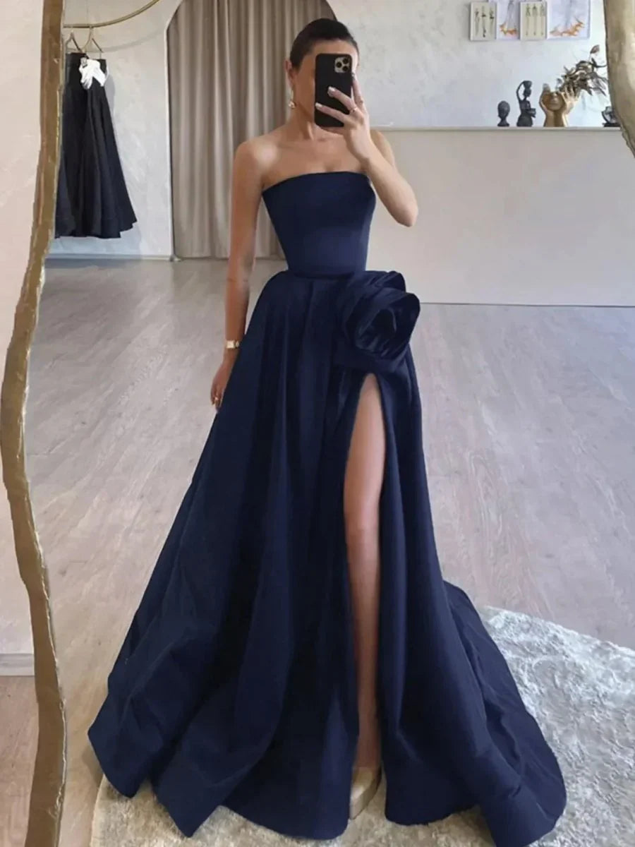 Strapless Satin Long Prom Dress With High Split