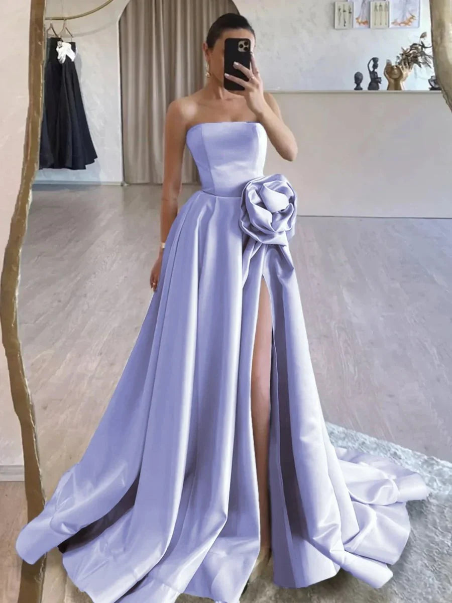 Strapless Satin Long Prom Dress With High Split