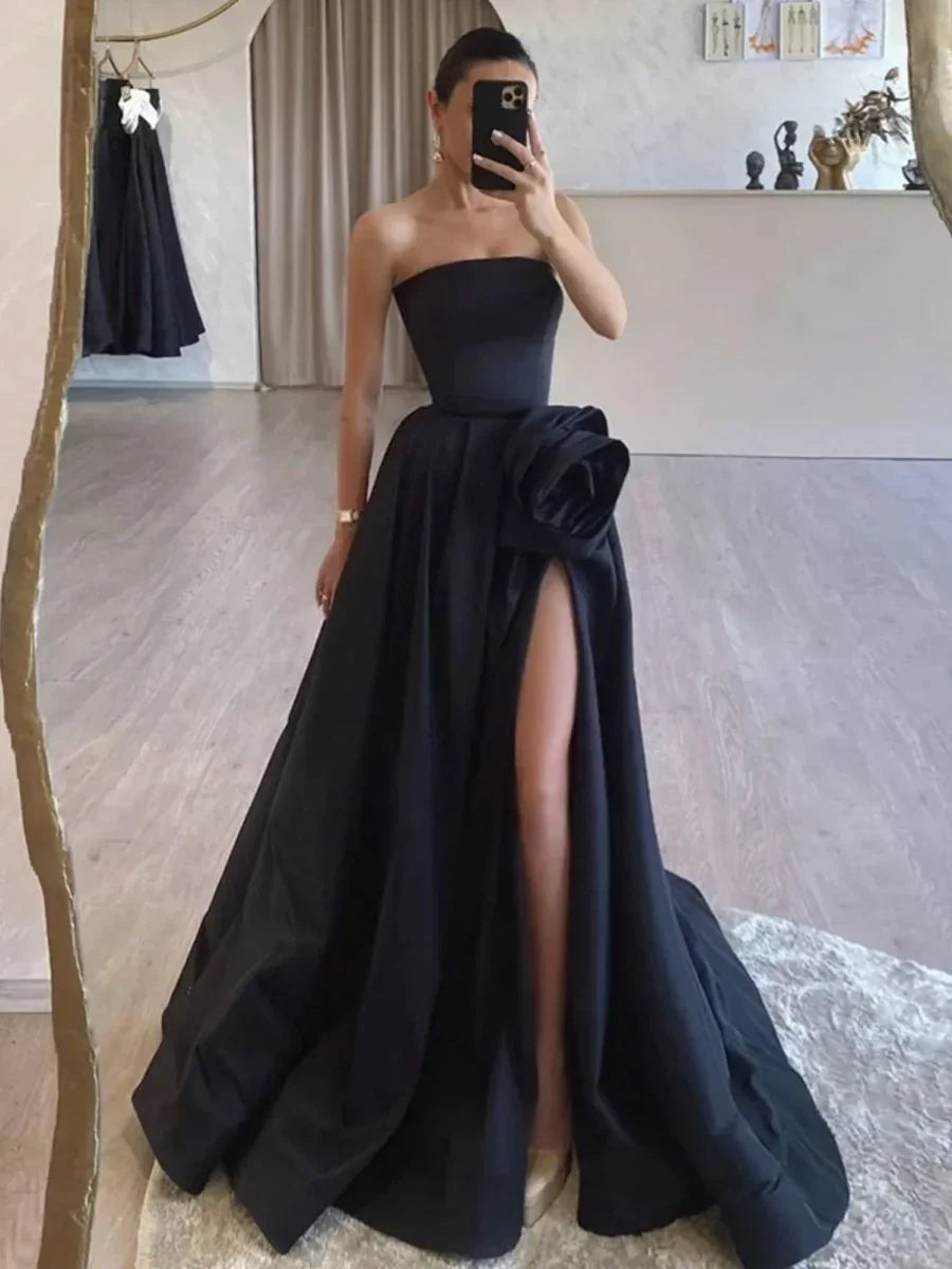 Strapless Satin Long Prom Dress With High Split
