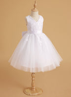 Sleeveless Lace Tulle Knee Length Flower Girl Dress
