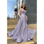 V-Neck Criss-Cross Straps Sparkly Long Prom Dress With Pockets