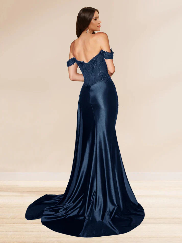 Mermaid Off-the-Shoulder Sweep Train Sequined Evening Dresses with Split Side