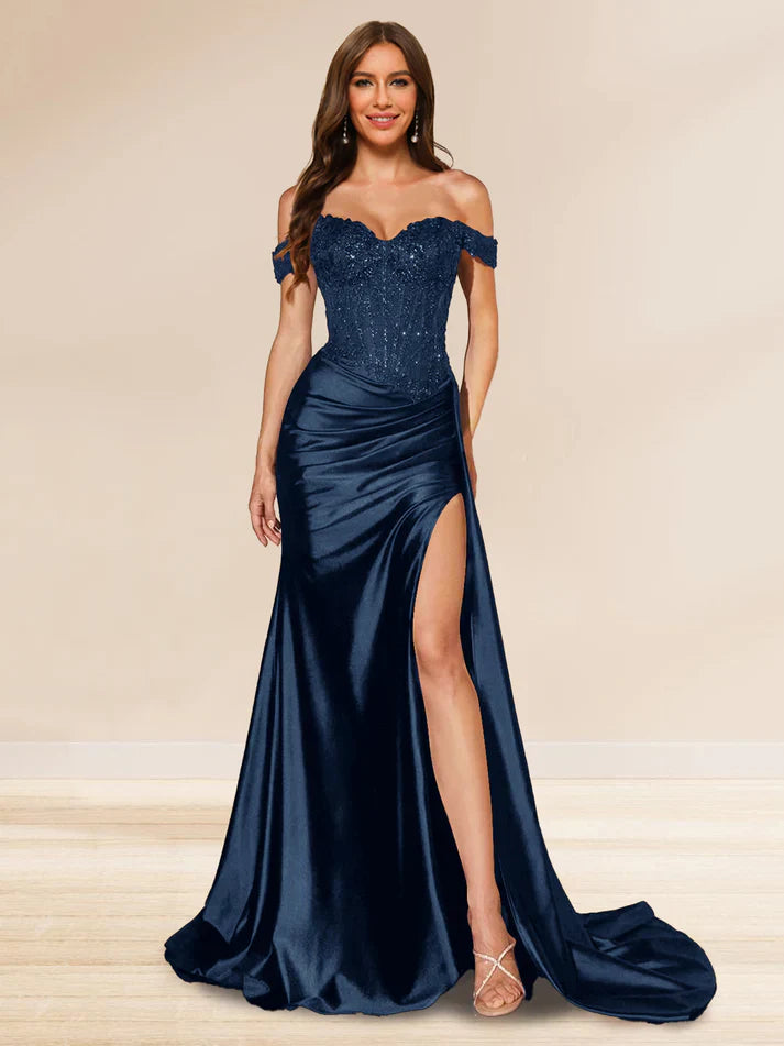 Mermaid Off-the-Shoulder Sweep Train Sequined Evening Dresses with Split Side