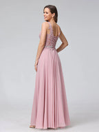 A-Line V-Neck Sleeveless Long Chiffon Dresses with Lace Appliques