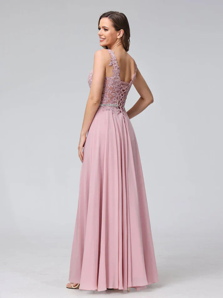 A-Line V-Neck Sleeveless Long Chiffon Dresses with Lace Appliques