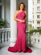 Mermaid One-Shoulder Sleeveless Ruffles Long Tight Prom Dresses