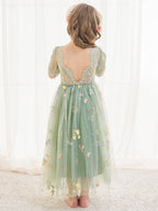 Sage Scoop Neck Cloth Surface and Tulle Flower Girl Dress (2003227581)