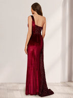 Sheath One-Shoulder Floor-Length Velvet Evening Dresses with Sequins
