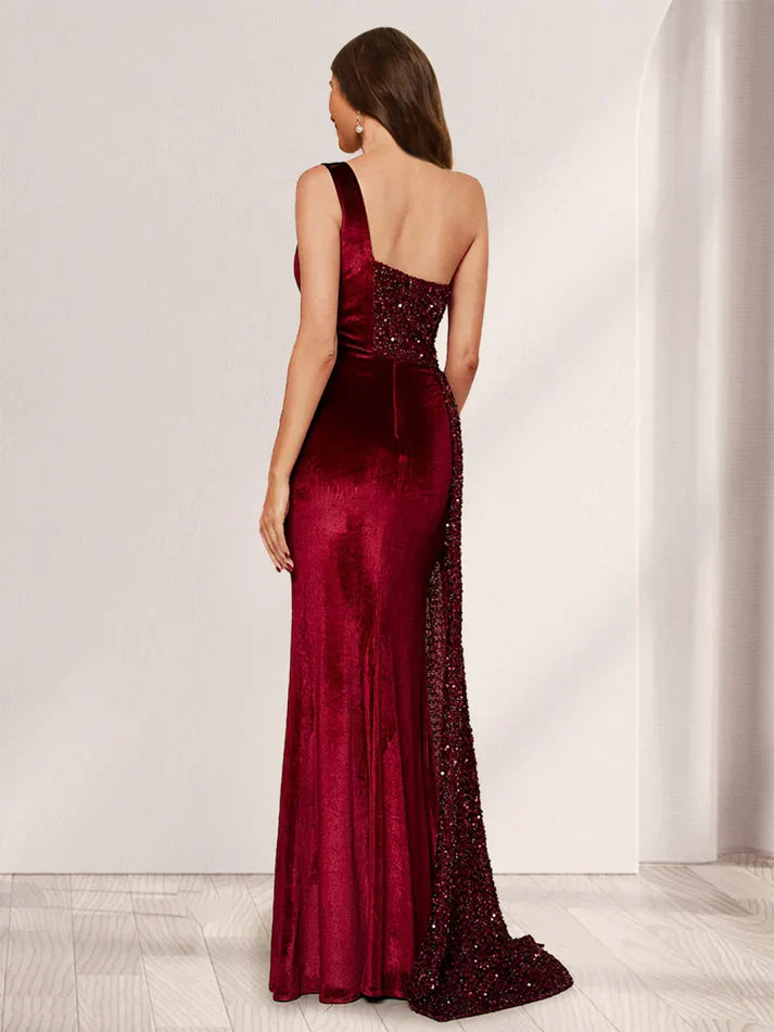 Sheath One-Shoulder Floor-Length Velvet Evening Dresses with Sequins