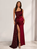 Sheath One-Shoulder Floor-Length Velvet Evening Dresses with Sequins