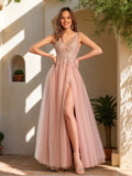 A-Line V-Neck Tulle Split Side Applique Long Prom Dresses