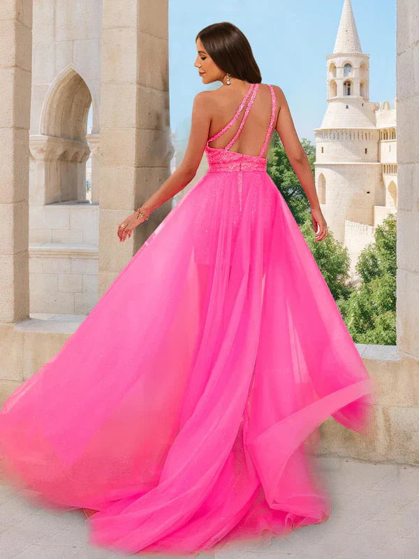 A-Line One-Shoulder Sleeveless Detachable Prom Dresses