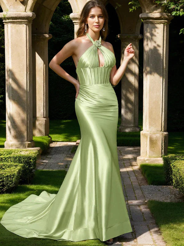 Mermaid Halter Sleeveless Ruched Prom Dresses
