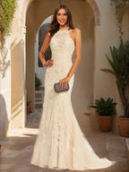 Mermaid Halter Sleeveless Applique Prom Dresses