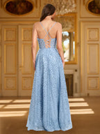 A-Line Straps Cowl Neck Sequin Prom Dresses with Split Side