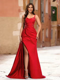 Mermaid Straps Pleated Prom Dresses with Sequin Appliques