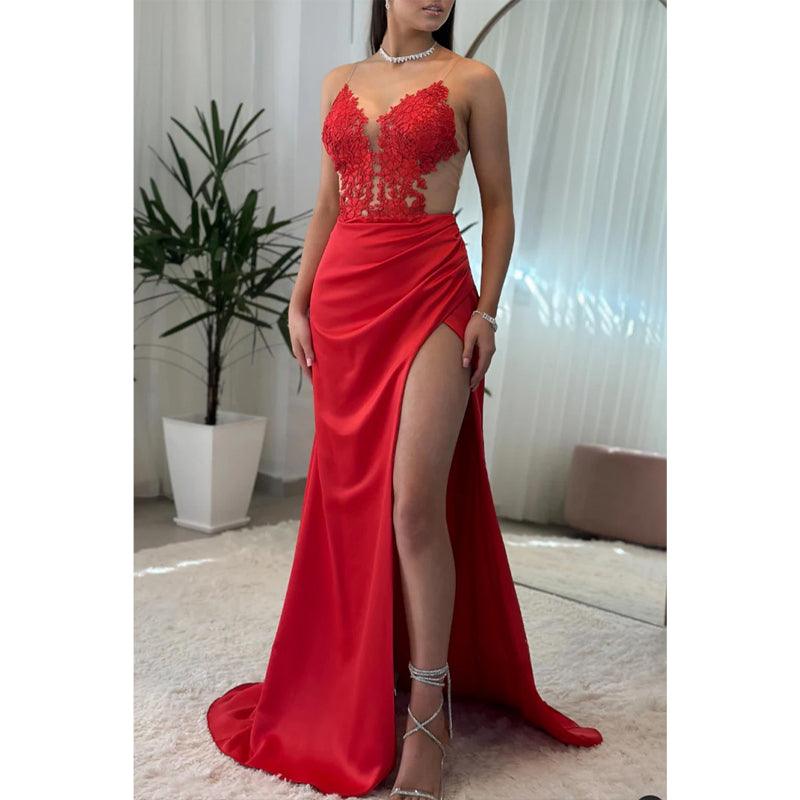 V-neck Spaghetti Straps Appliques with Side Slit Party Prom Evening Dress