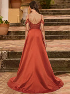 A-Line Cold Shoulder Short Sleeves Rhinestone Prom Dresses