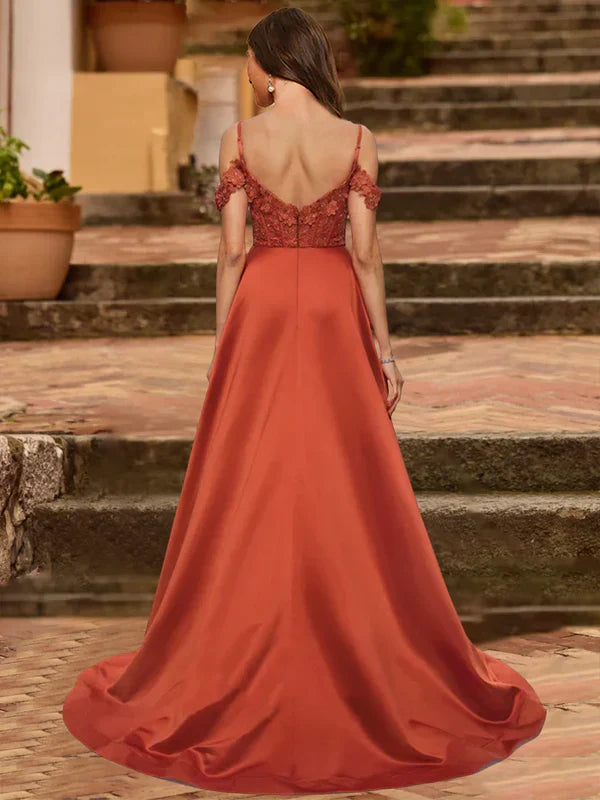 A-Line Cold Shoulder Short Sleeves Rhinestone Prom Dresses