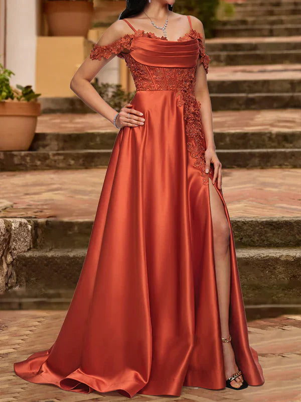 A-Line Cold Shoulder Short Sleeves Rhinestone Prom Dresses