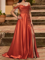 A-Line Cold Shoulder Short Sleeves Rhinestone Prom Dresses