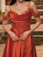 A-Line Cold Shoulder Short Sleeves Rhinestone Prom Dresses