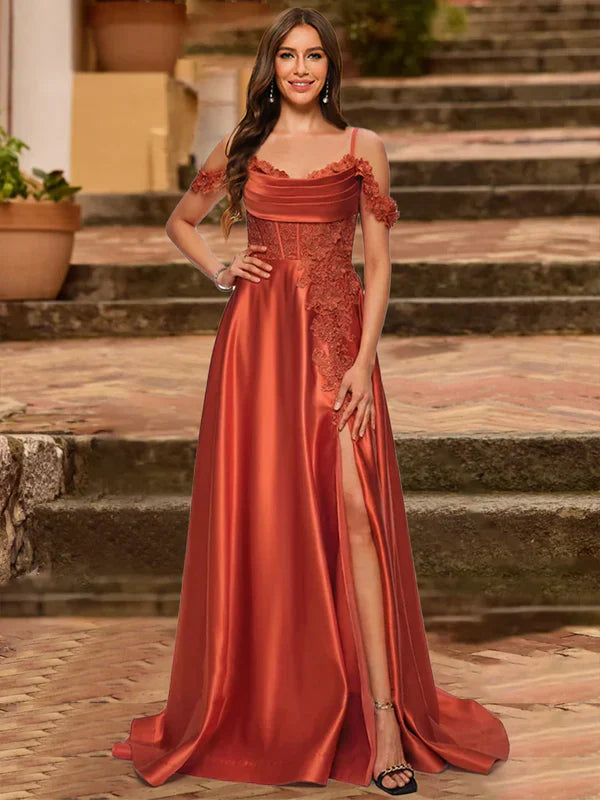 A-Line Cold Shoulder Short Sleeves Rhinestone Prom Dresses