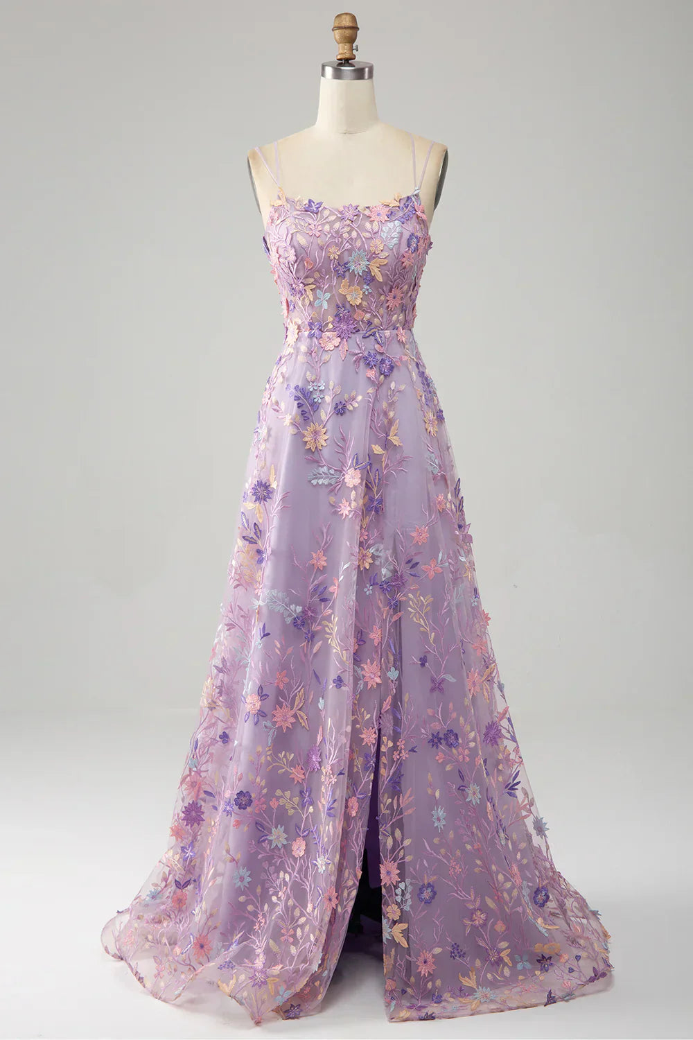 A Line Spaghetti Straps Front Slit Tulle Mauve Prom Dress