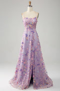 A Line Spaghetti Straps Front Slit Tulle Mauve Prom Dress