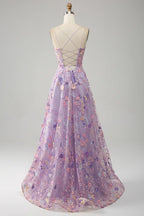 A Line Spaghetti Straps Front Slit Tulle Mauve Prom Dress