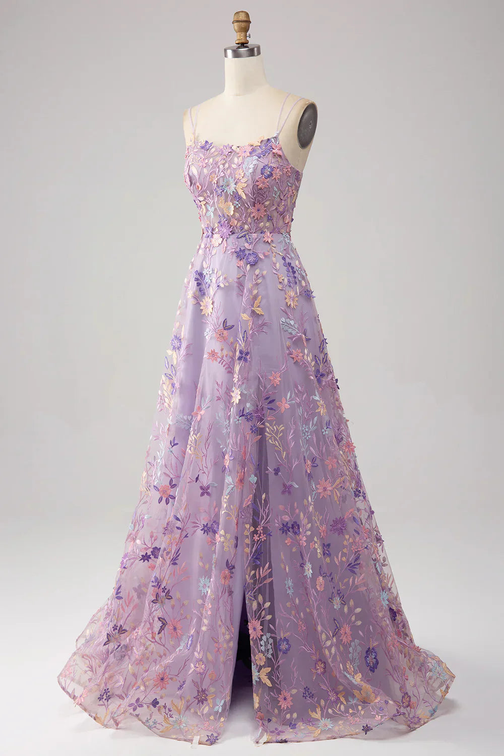 A Line Spaghetti Straps Front Slit Tulle Mauve Prom Dress