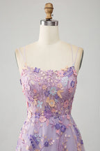 A Line Spaghetti Straps Front Slit Tulle Mauve Prom Dress