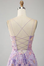 A Line Spaghetti Straps Front Slit Tulle Mauve Prom Dress