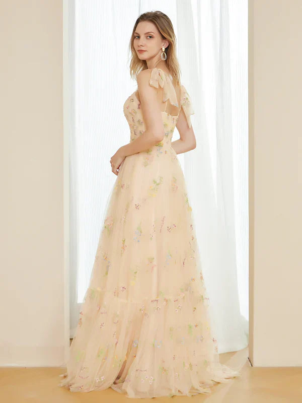 A-Line Tulle Embroidery Long Prom Dresses with Spaghetti Straps