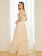 A-Line Tulle Embroidery Long Prom Dresses with Spaghetti Straps