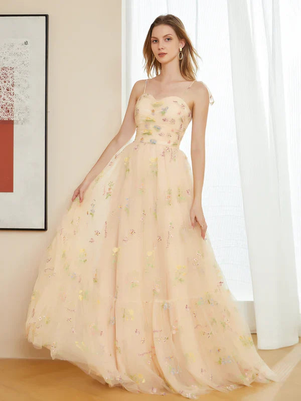 A-Line Tulle Embroidery Long Prom Dresses with Spaghetti Straps