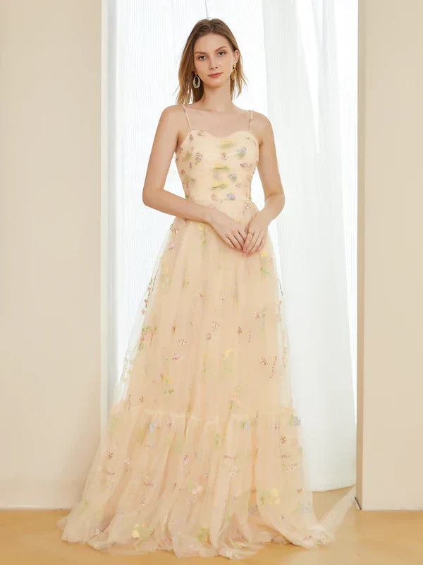 A-Line Tulle Embroidery Long Prom Dresses with Spaghetti Straps