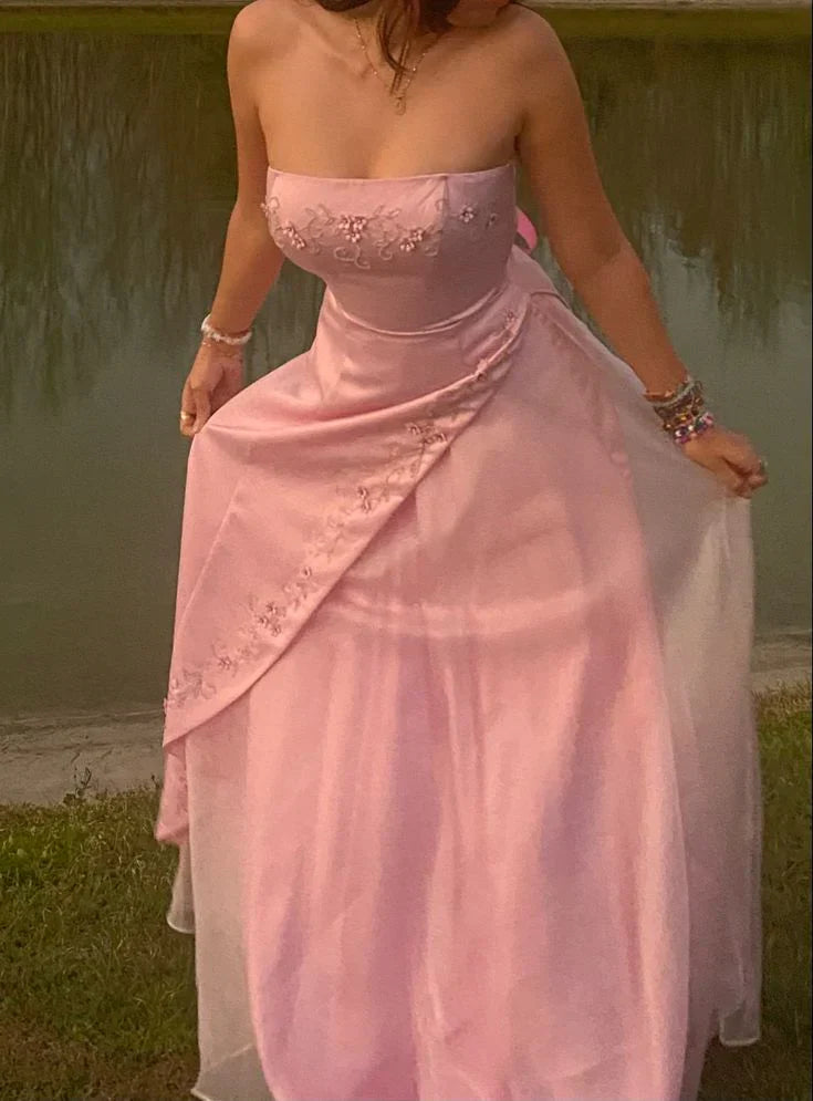 A Line Strapless Chiffon Long Party Dress Prom Dresses