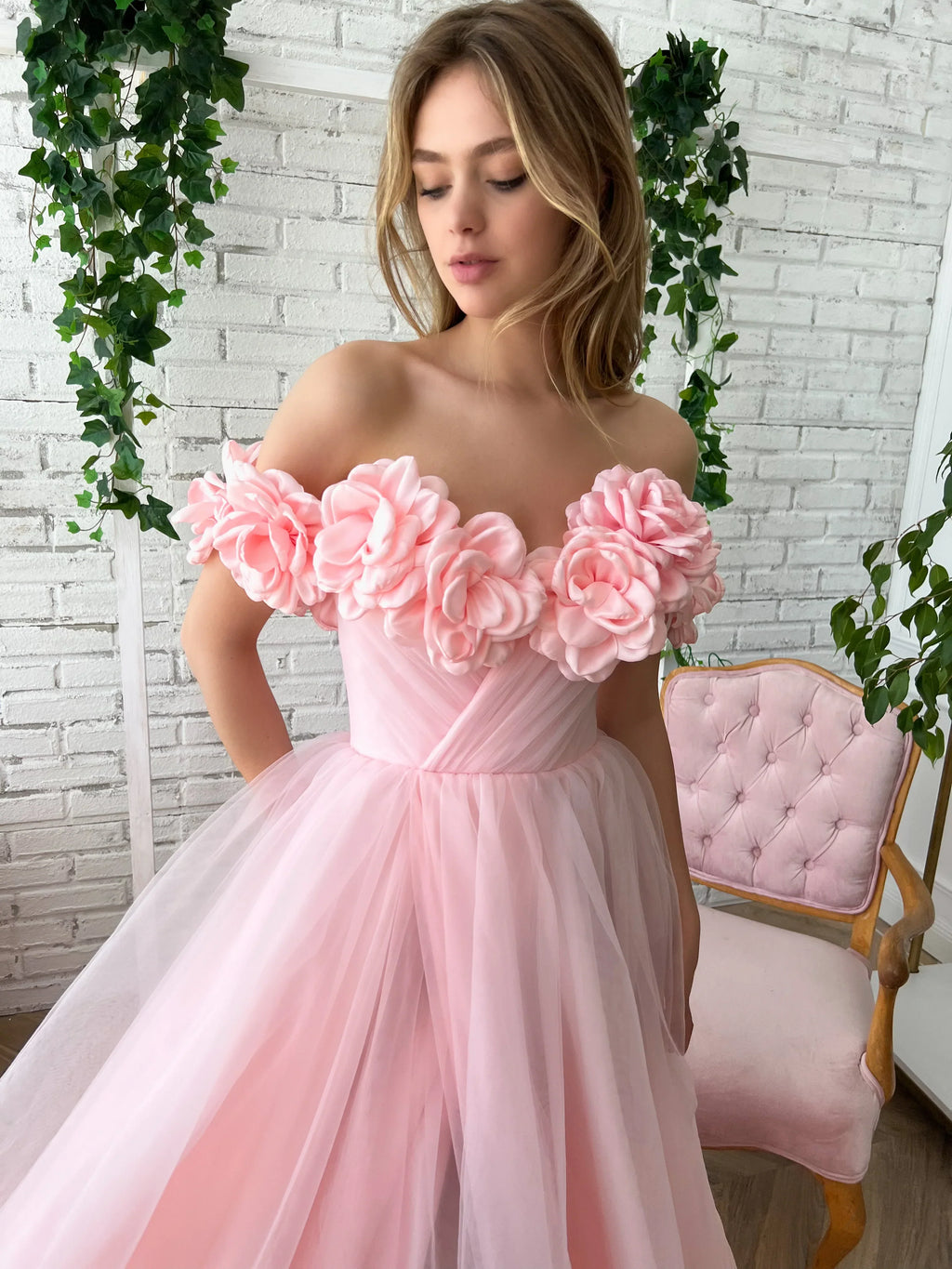 Pink dress with flowers on the shoulders-1