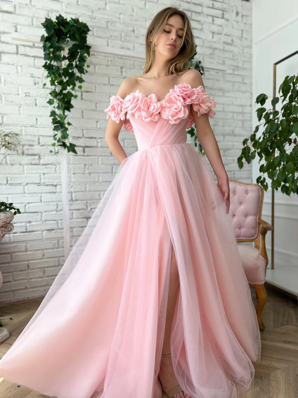 Pink dress with flowers on the shoulders-1