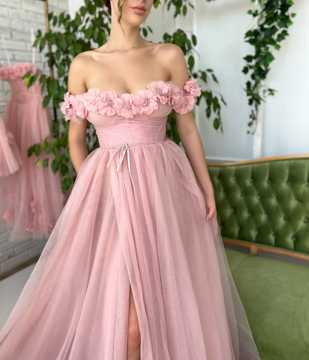 Pink dress with flowers on the shoulders-2