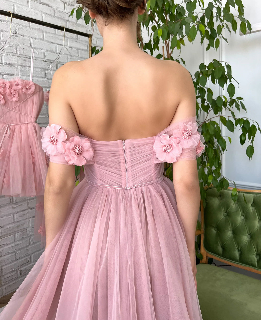 Pink dress with flowers on the shoulders-2