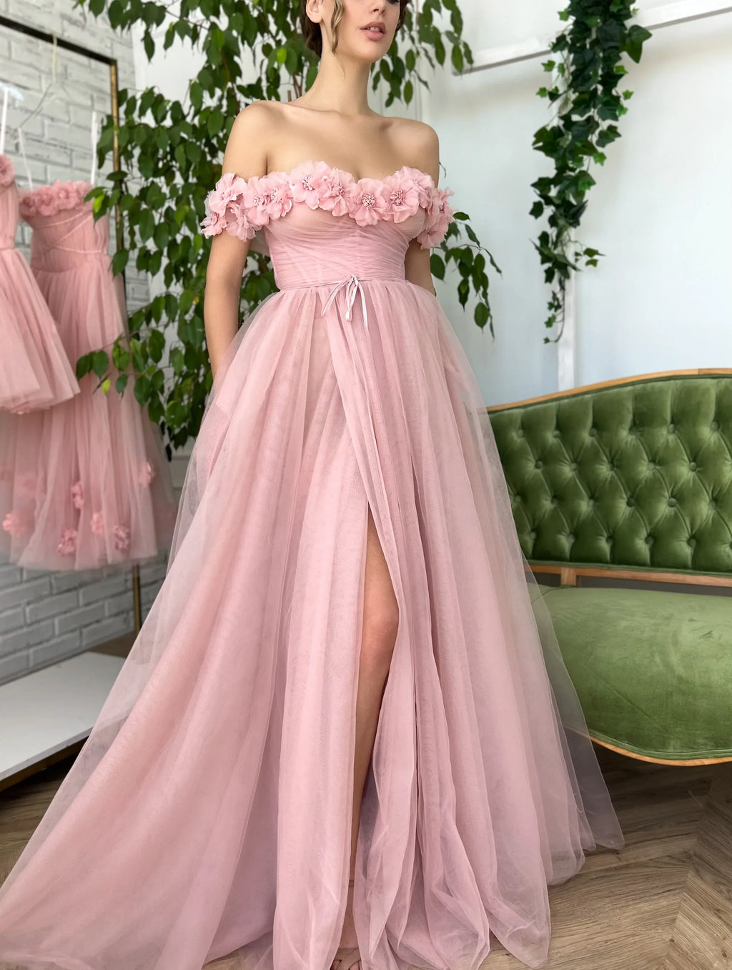 Pink dress with flowers on the shoulders-2