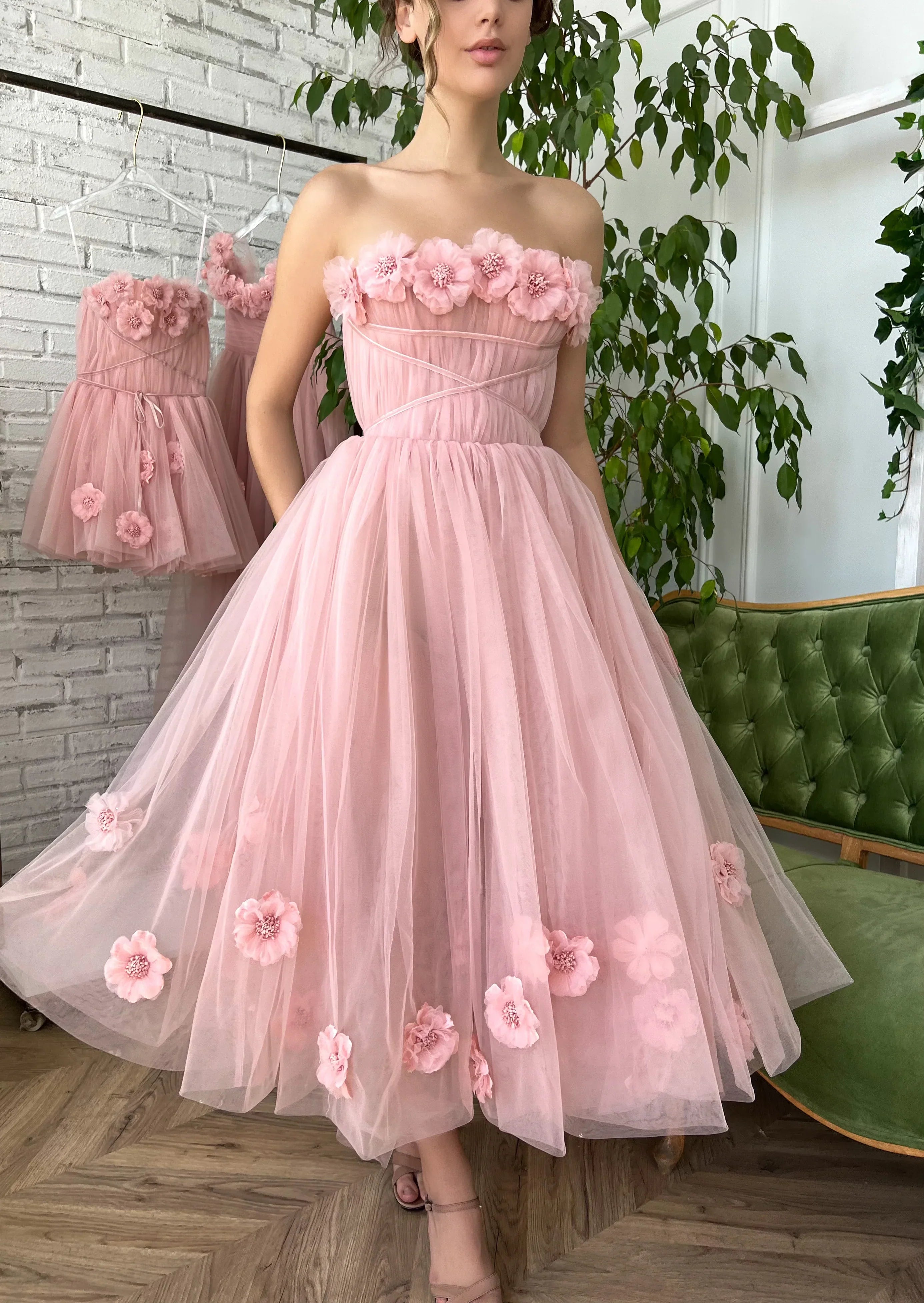 Pink dress with flowers on the shoulders-3